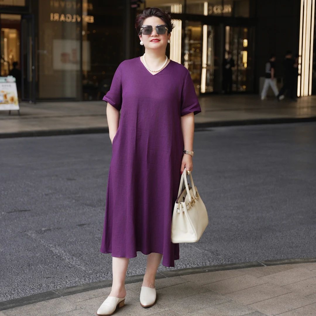 2025年春夏新款时尚法式矜雅紫陌幽芳亚麻诗意大码连衣裙0390