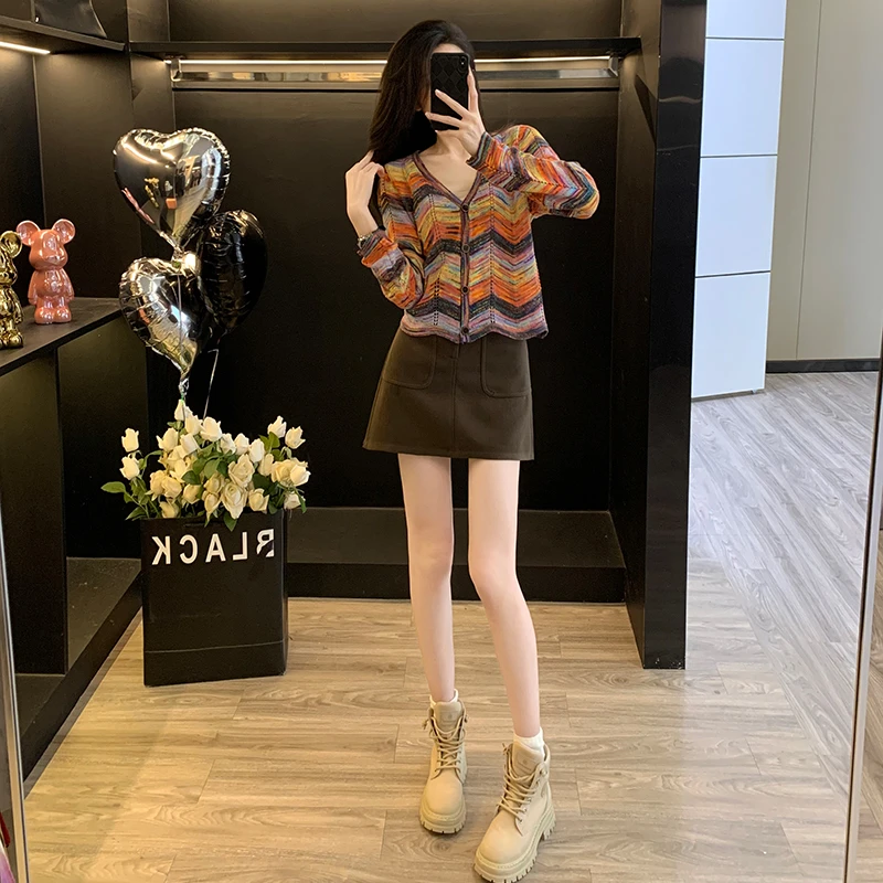 条纹针织衫休闲套装女春秋季新款宽松显瘦减龄牛仔短裙洋气两件套