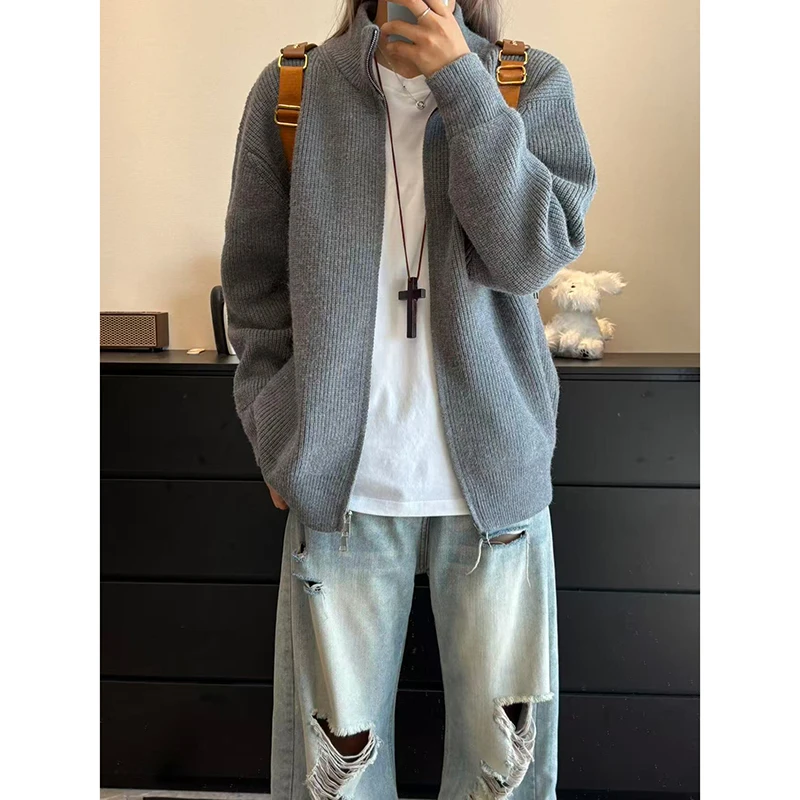 灰色立领开衫毛衣男款秋季慵懒风针织外套cleanfit美式拉链毛线衣