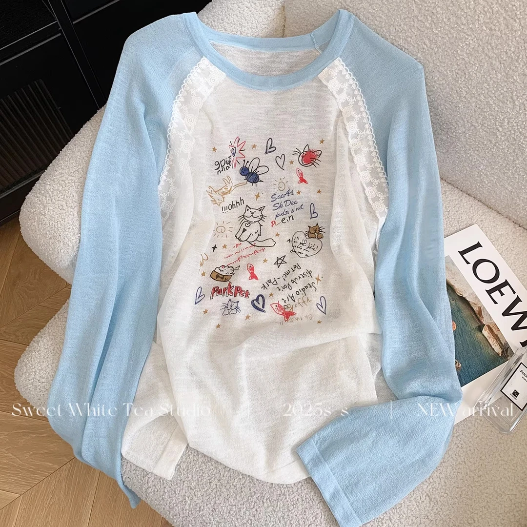 南油高货清仓捡漏!大码夏季胖mm卡通涂鸦减龄蕾丝拼接薄款上衣女