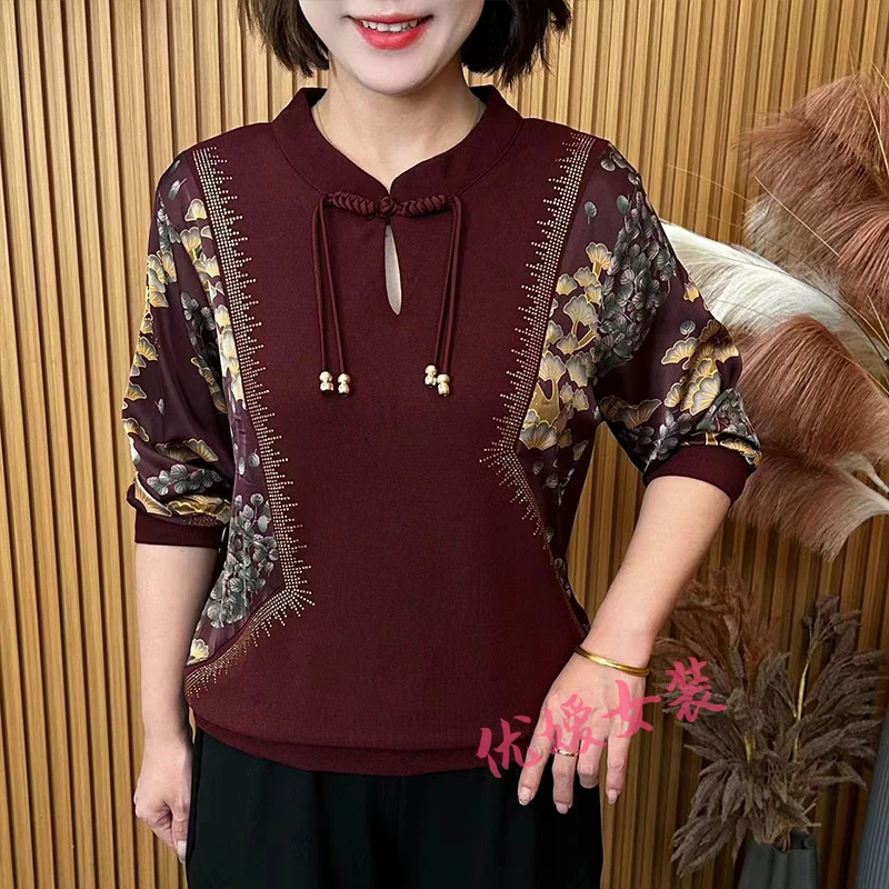 2025春季新款时尚圆领盘扣拼接宽松显瘦洋气妈妈装长袖上衣 A9813