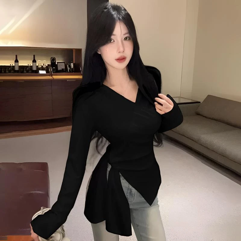 春秋独特不规则飘带v领打底衫女设计感收腰小衫正肩辣妹长袖上衣