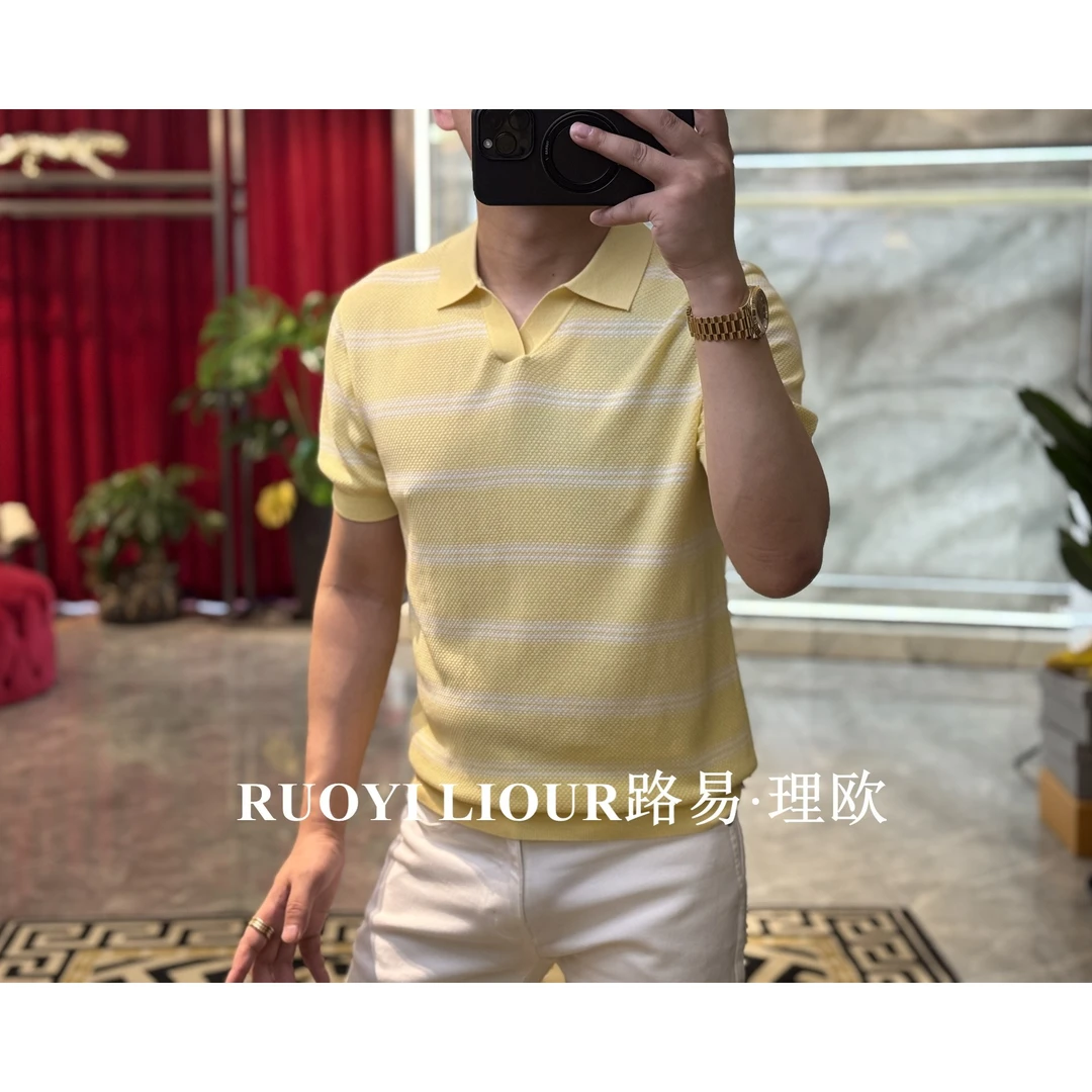 【路易理欧】25夏季纯色时尚透气条纹衬衫小V领男士短袖T恤0334