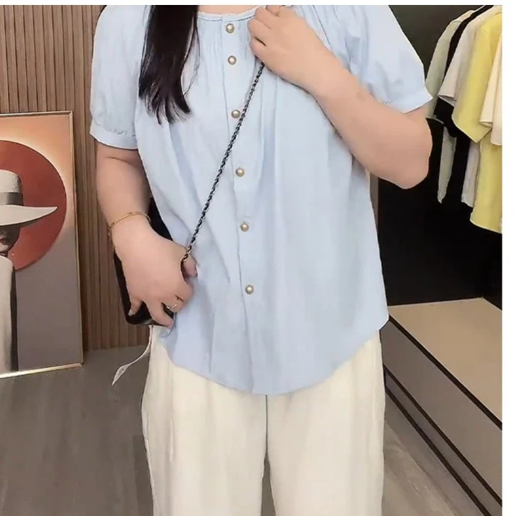 【1269】女装今年流行遮肚子小衫宽松法式圆领泡泡袖短袖衬衫上衣