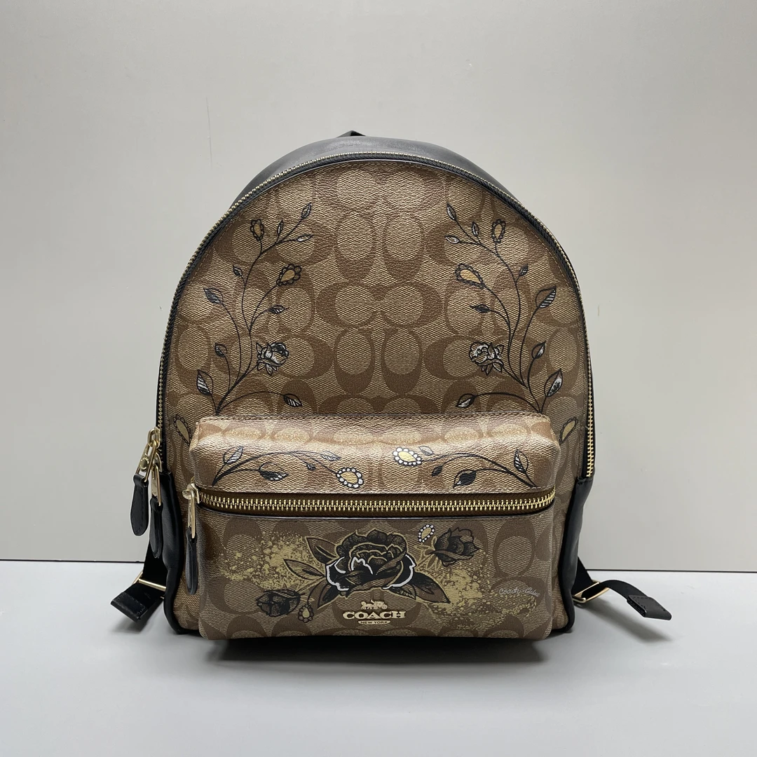 90新 COACH/蔻驰 小林/花朵黑拼老花双肩包25*31*9cmB092306