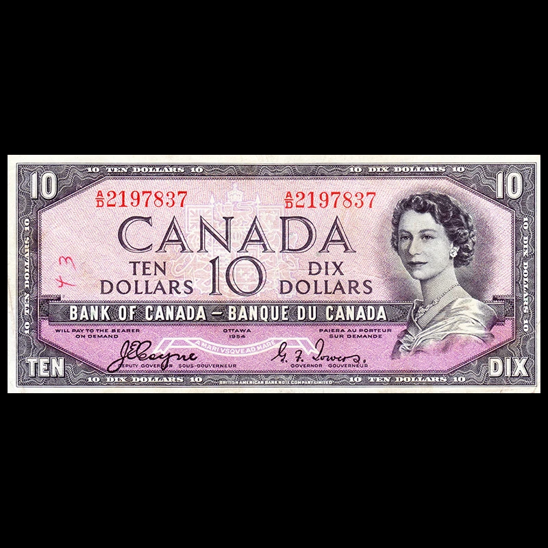 特价非全新 加拿大10圆 1954年 美洲纸币 外币真品收藏钱币