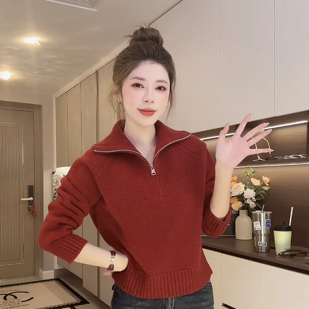 A864冬季新款老钱风半开领宽松慵懒风针织毛衣可外穿1230QA864