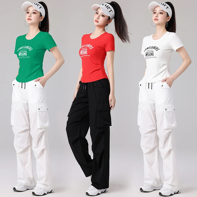 春夏广场舞服装运动休闲健身跳操跑步曳步舞服显瘦圆领短袖工装裤