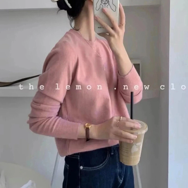 软糯舒服~48支精纺纱线圆领针织长袖女韩版微宽松内搭毛衣~通