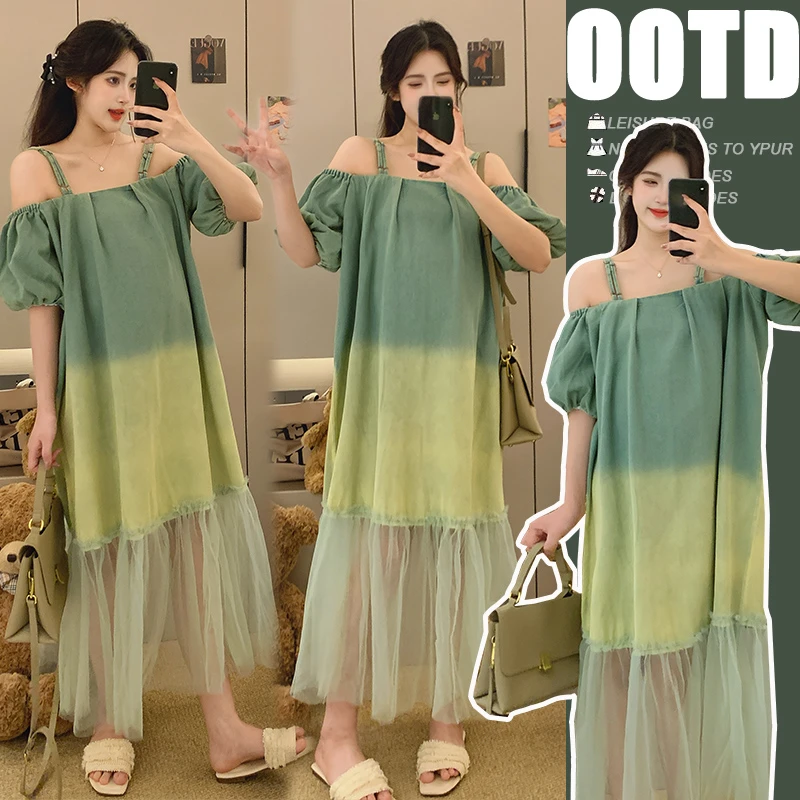 孕妇装2025洋气春夏新款爆款大码不勒肚子重工拼接网纱气质连衣裙