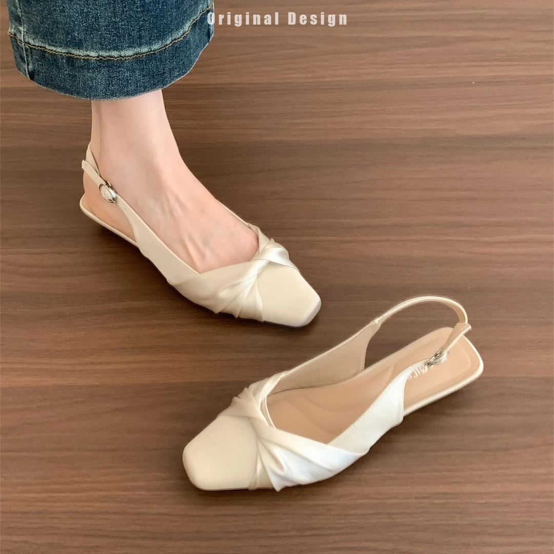 欢梨"仙女缎面"法式坡跟蝴蝶结包头凉鞋女夏季外穿后空单鞋配裙子