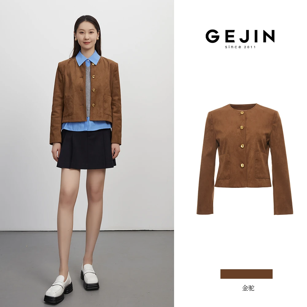 GEJIN/歌锦秋季新款复古绒面金驼色无领短款外套93425903711