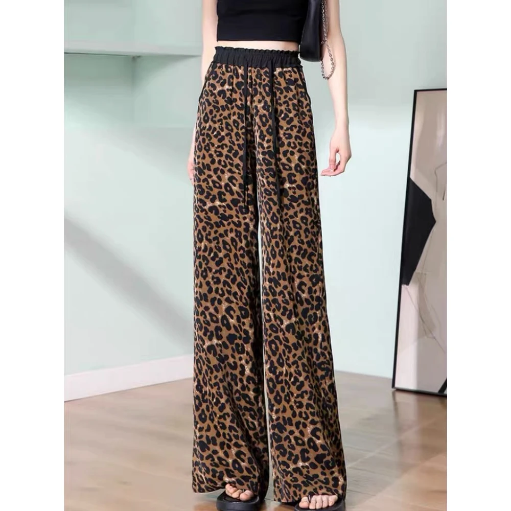 超火豹纹印花雪纺窄版阔腿裤女夏薄款透气高腰宽松显瘦休闲拖地裤