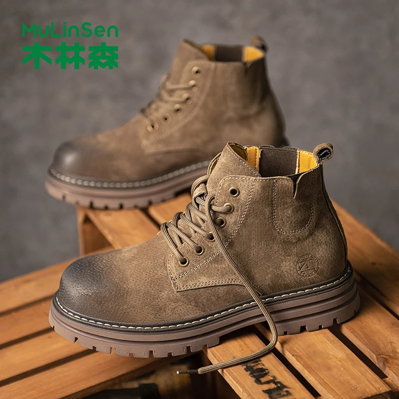 木林森马丁靴男士秋冬2025新款真皮中帮复古英伦高帮工装靴子男款