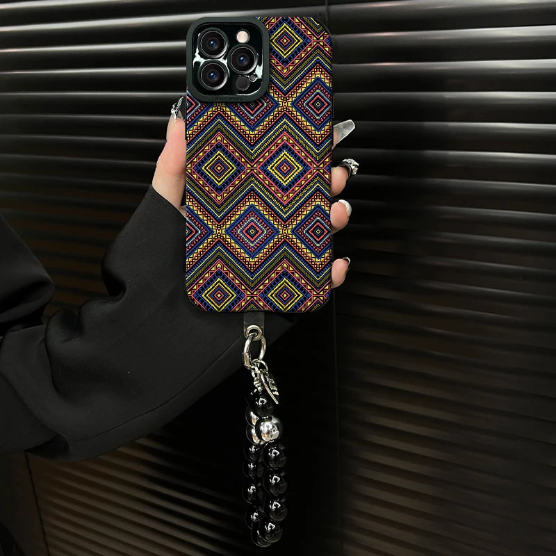 适用【苹果14pro】复古菱格花纹ins风小羊皮创意全包网红手机壳女款