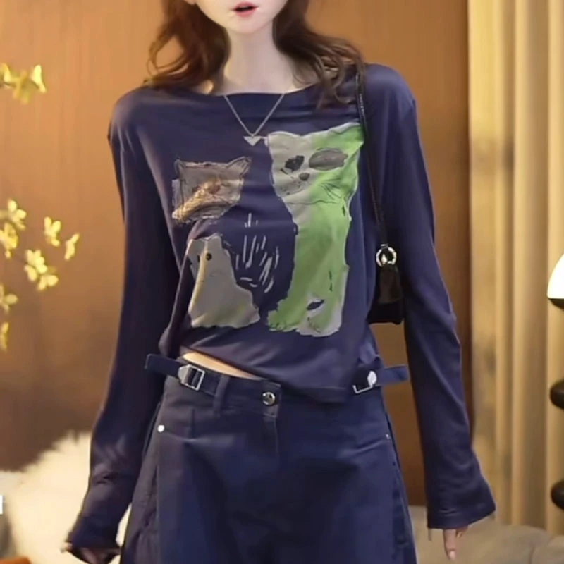 卡通小猫印花圆领长袖T恤女夏季新款薄款宽松显瘦防晒罩衫上衣潮