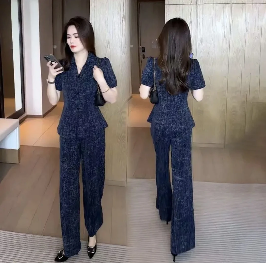 2025年妈妈新款二件套女夏装套装遮大肚高腰阔腿裤有口袋洋气时尚