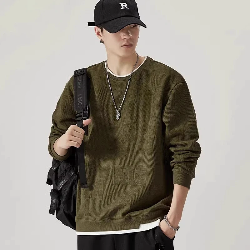 GS卫衣男士春季新款潮流时尚百搭假两件圆领打底衫休闲长袖t恤男