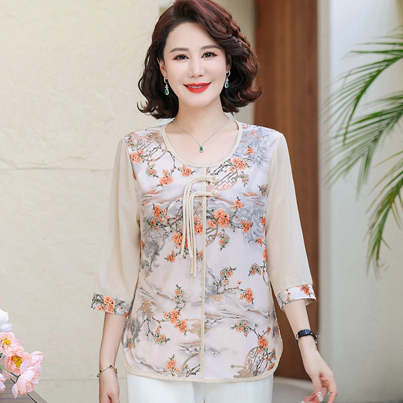 中老年七分袖上衣女春夏新款洋气新中式复古国风T恤妈妈夏装小衫