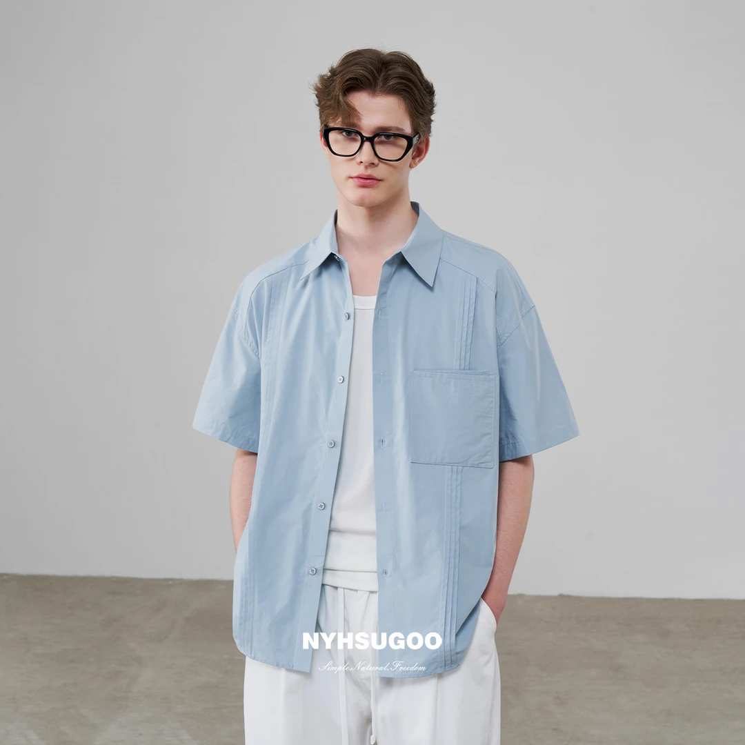 NYHSUGOO/南乙100%棉夏季叠褶设计男士短袖衬衫3689休闲极简风