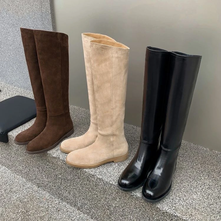 「大筒围堆堆靴｜平底」百搭圆头真皮大筒围显瘦堆堆靴中筒靴