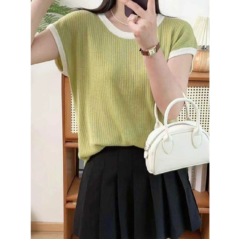 TT家/撞色抽条绿/ 显瘦时尚宽松洋气女装上衣圆领夏季女士