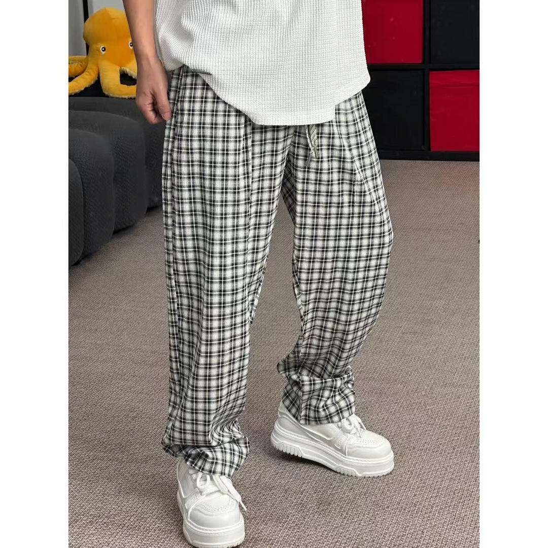 夏季新款时尚潮流超薄透气垂感弹力宽松色织格子弯刀直筒裤8818