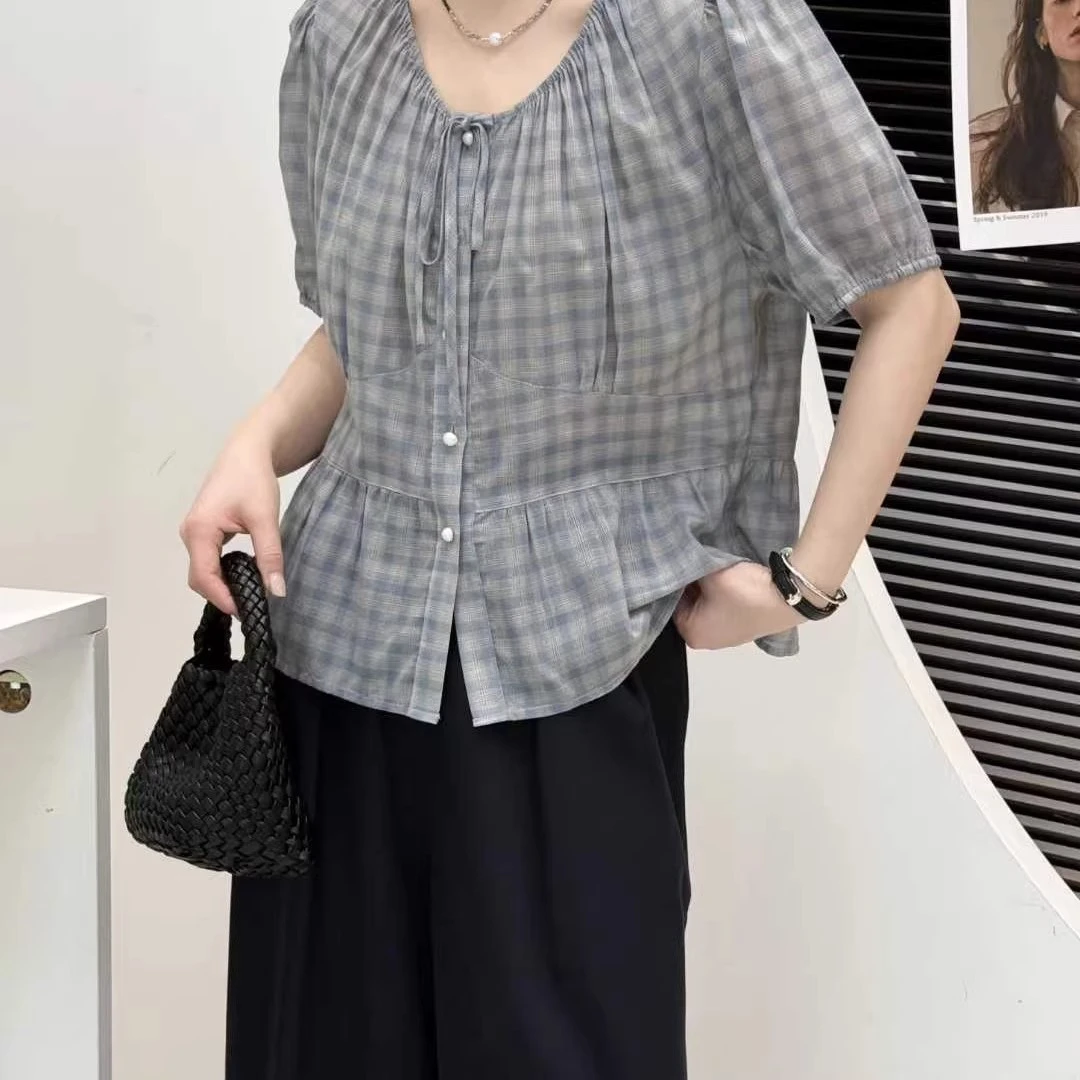 韩系格子系带短款衬衫女2025夏季新款小个子洋气甜美减龄小众上衣