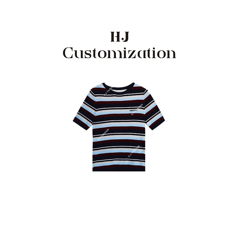 【H·J】“城市假日”减龄显瘦圆领羊毛条纹短袖针织衫5028