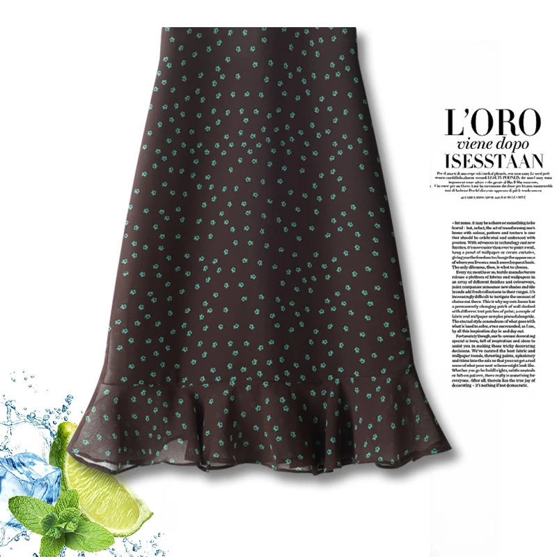 复古轻熟印花开叉半身裙女2025夏季新款高腰修身荷叶边通勤中裙