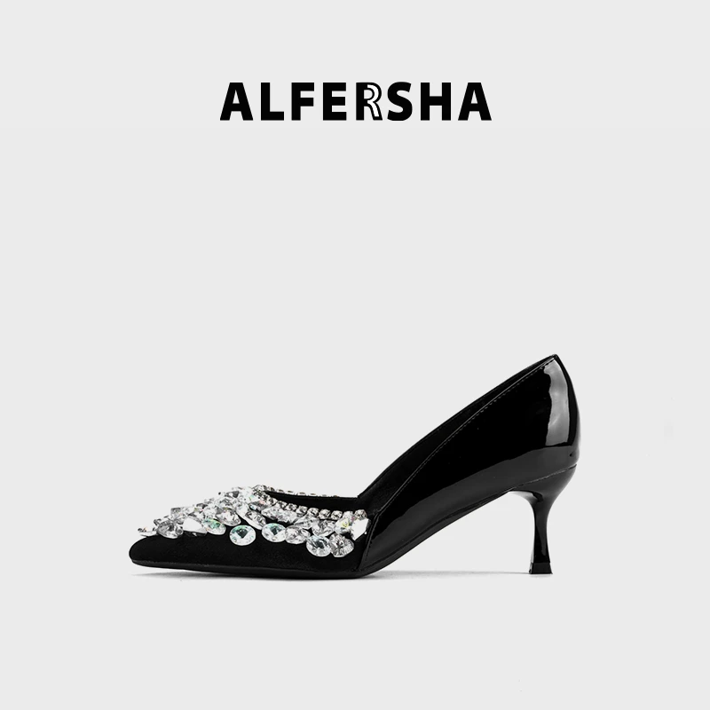 阿芙莎/ALFERSHA手工鞋8391新款气质尖头水晶亮片细高跟单鞋