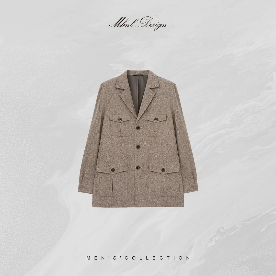 MBNL-F「精选羊毛」秦磊男装卡其中长款多口袋西装外套LL-WD217533