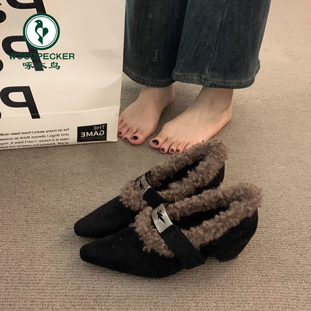 啄木鸟通勤黑色加绒毛毛鞋勃肯棉鞋女2025秋冬季乐福坡跟毛绒单鞋
