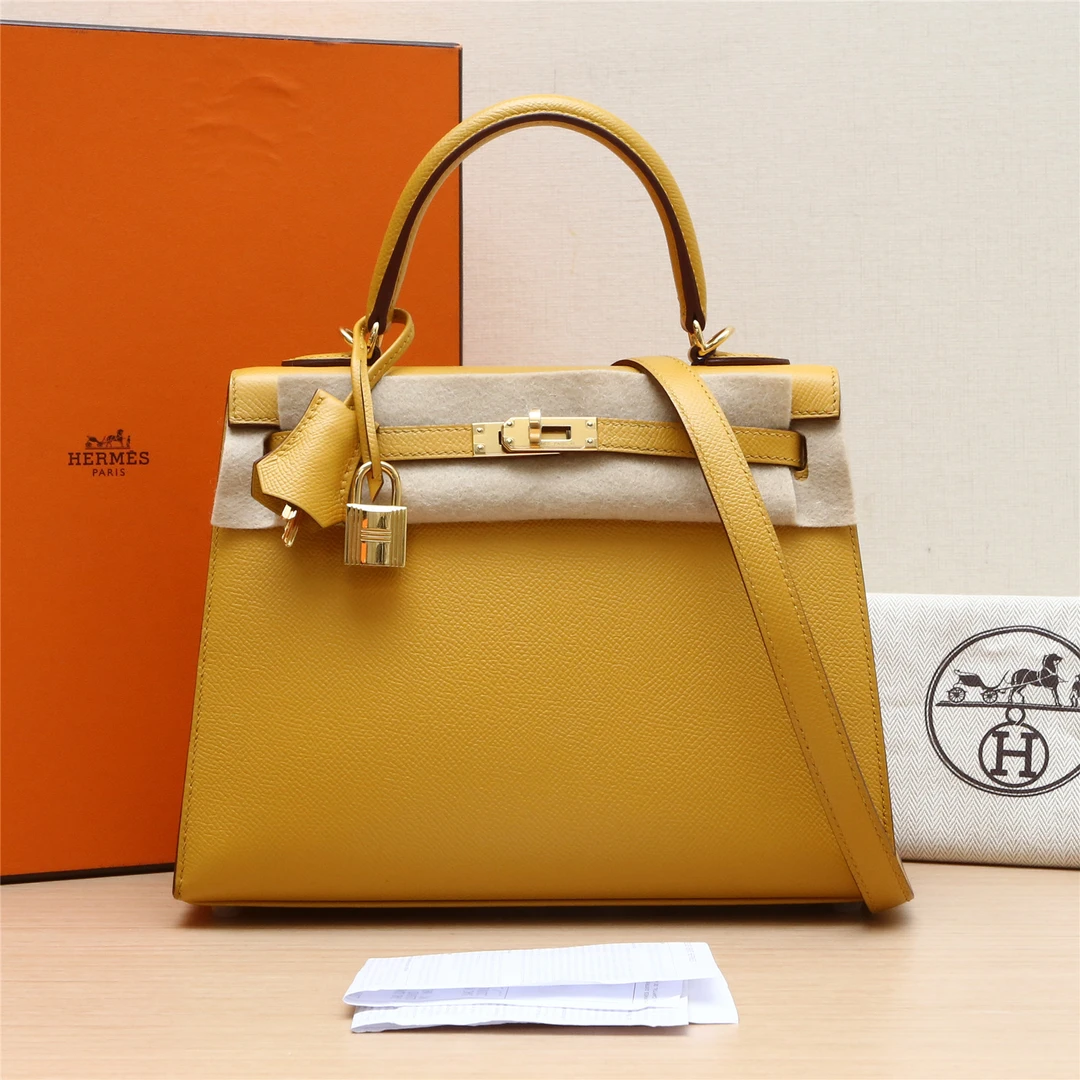 99新 Hermes/爱马仕 小花Jerry活动Kelly 25琥珀黄 Ep皮 Z金扣包