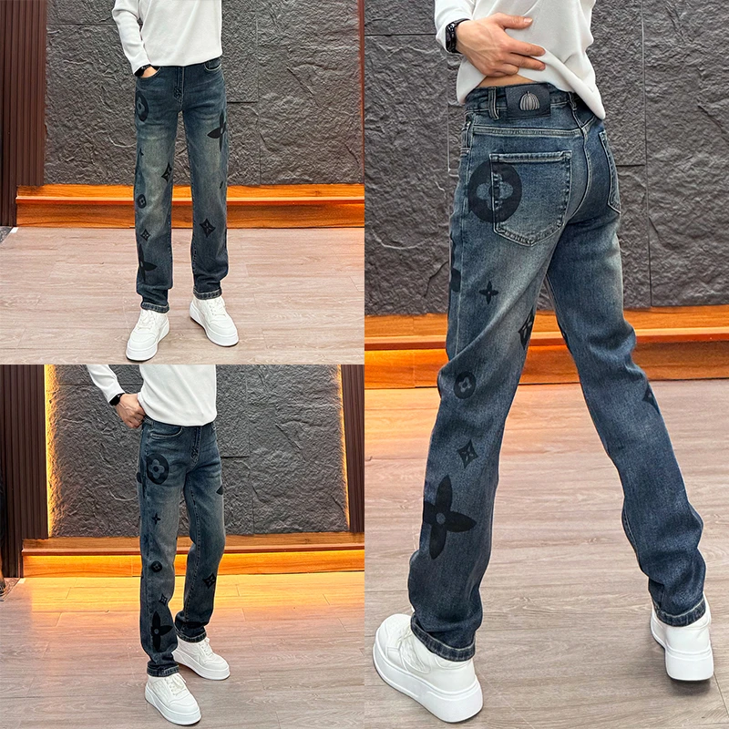 重工男士印花复古蓝牛仔裤百搭舒适透气简约男款美式直筒男牛仔裤