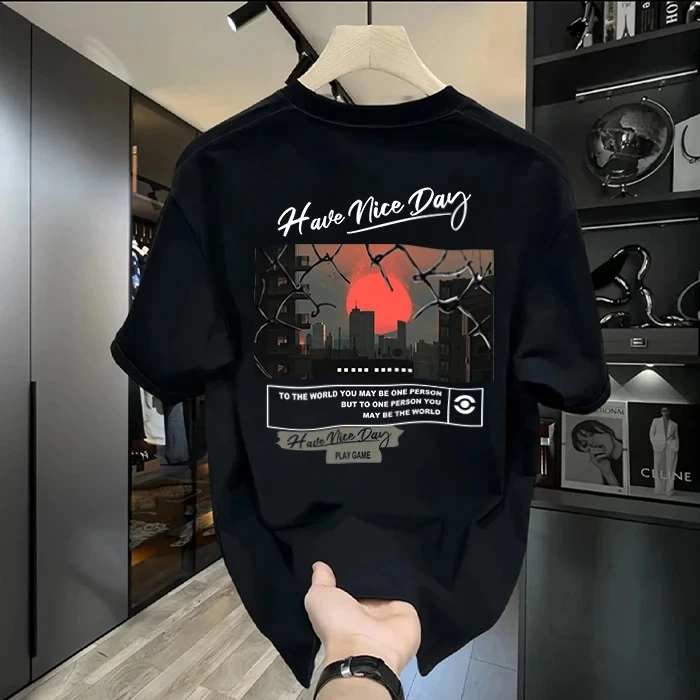 【品质男装】美式潮牌重磅纯棉T恤夕阳印花圆领短袖修身百搭上衣潮