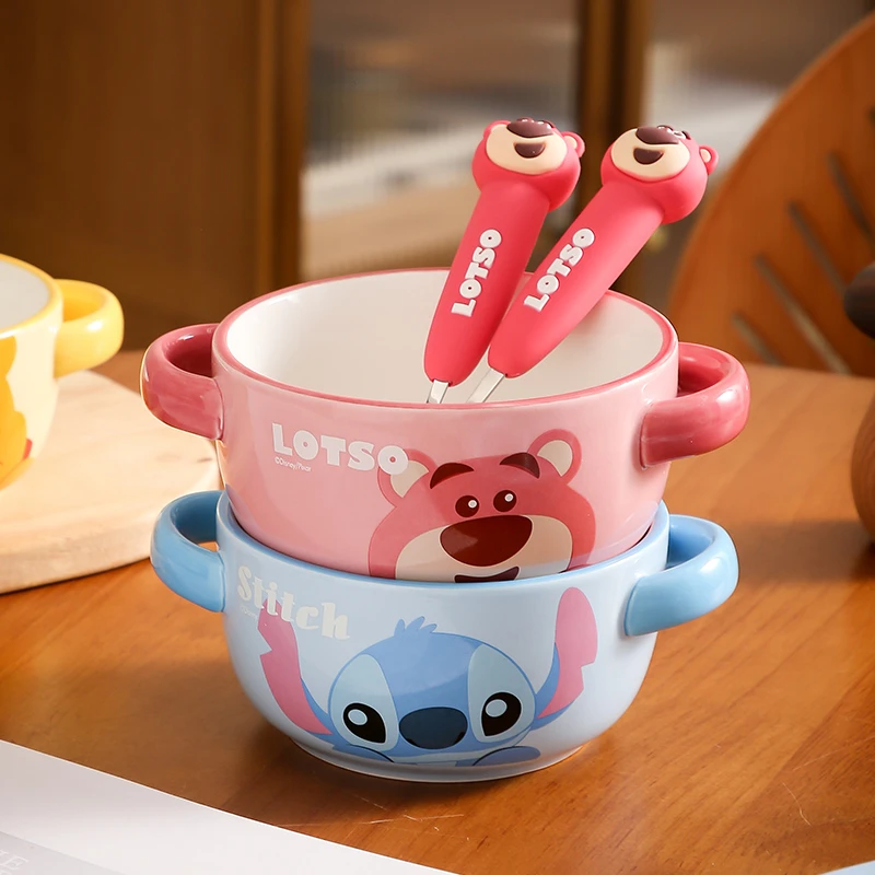 草莓熊可爱儿童陶瓷双耳碗史迪仔早餐米饭碗家用辅食碗汤碗沙拉碗