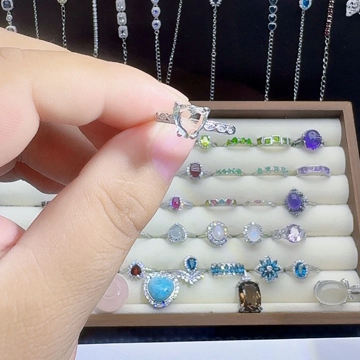 戒指绿水晶银S925镶嵌