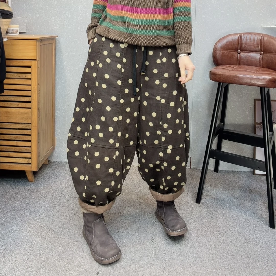 【云吖】冬季加厚韩版波点印花哈伦裤松紧腰休闲裤棉裤