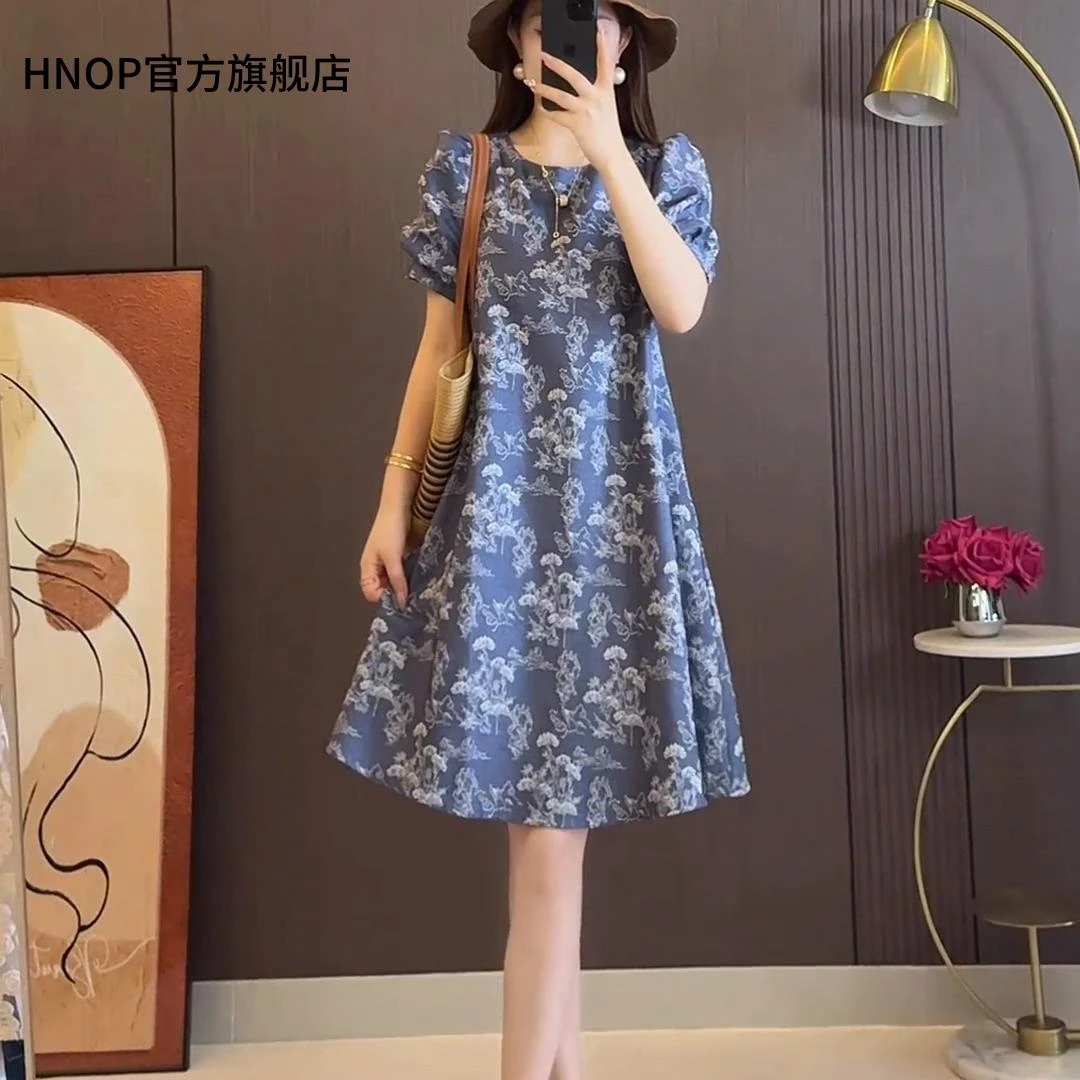 大码夏季新款宽松显瘦气质连衣裙胖mm短袖设计款碎花泡泡袖A字裙