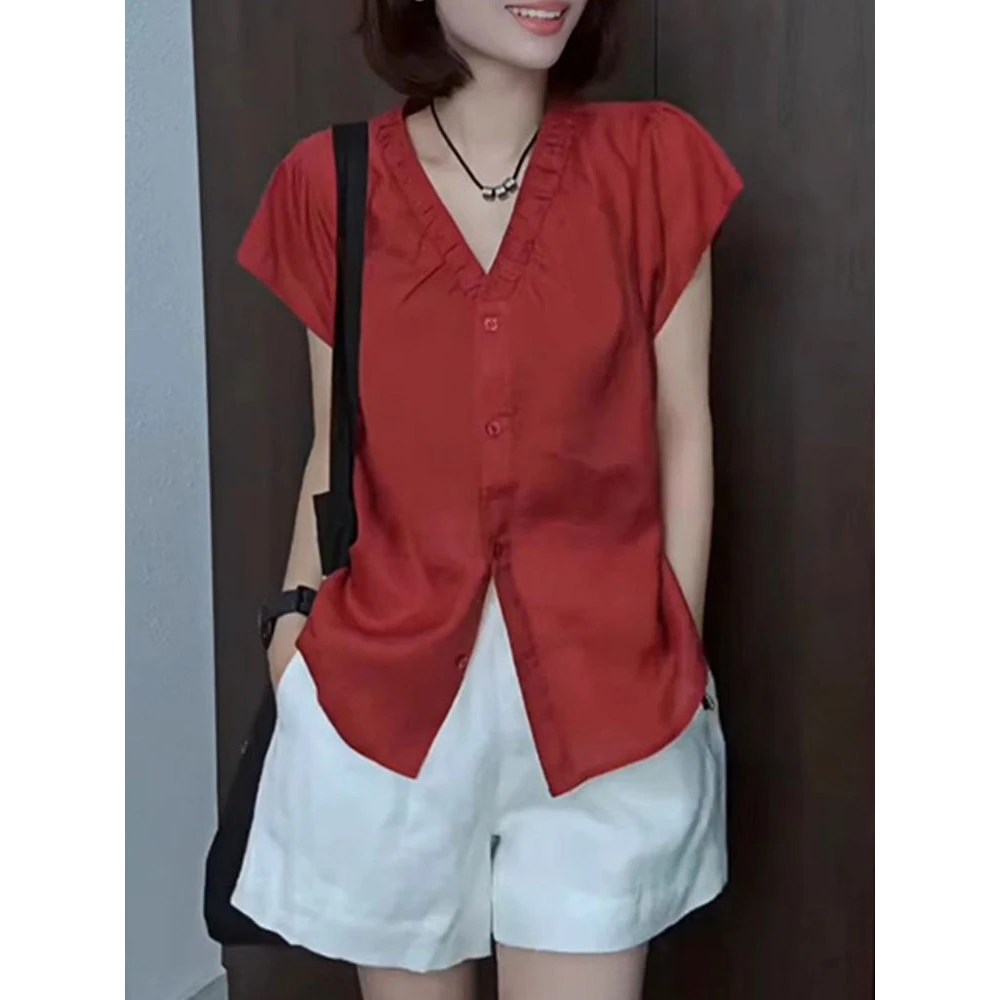 v领短袖衬衫女款高级感轻奢减龄洋气2025新款夏季小飞袖红色上衣