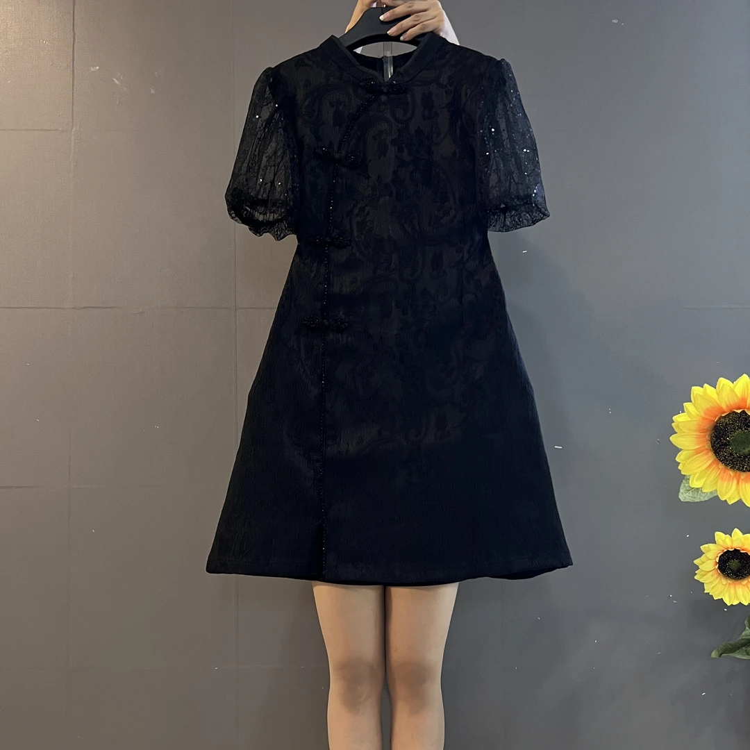 新中式国风时尚气质复古提花泡泡袖设计感收腰显瘦大码连衣裙1011