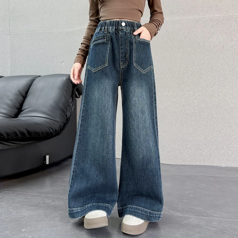 女童秋季新款牛仔阔腿裤6-12岁洋气儿童百搭微喇裤子春秋大童长裤