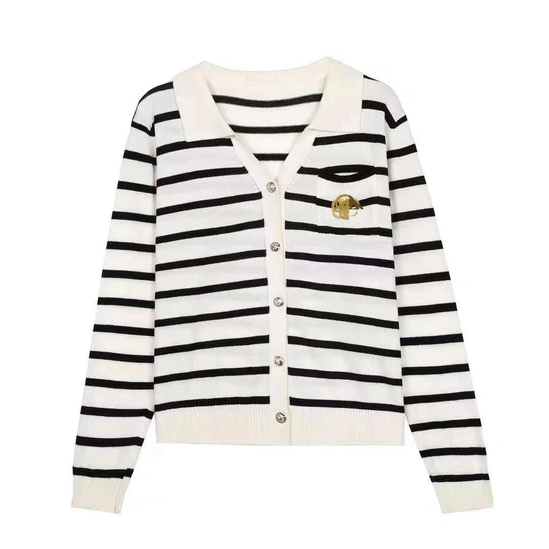 小香风v领长袖针织开衫女早秋2025新款修身短款打底上衣H809