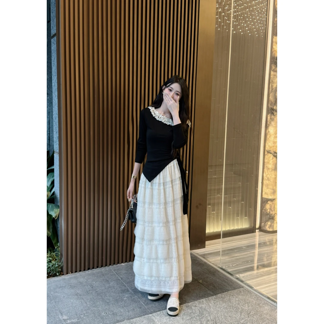 YUANLIANSU/圆脸酥【青崖拾露】撞色拼接绑带上衣+半身裙两件套秋款