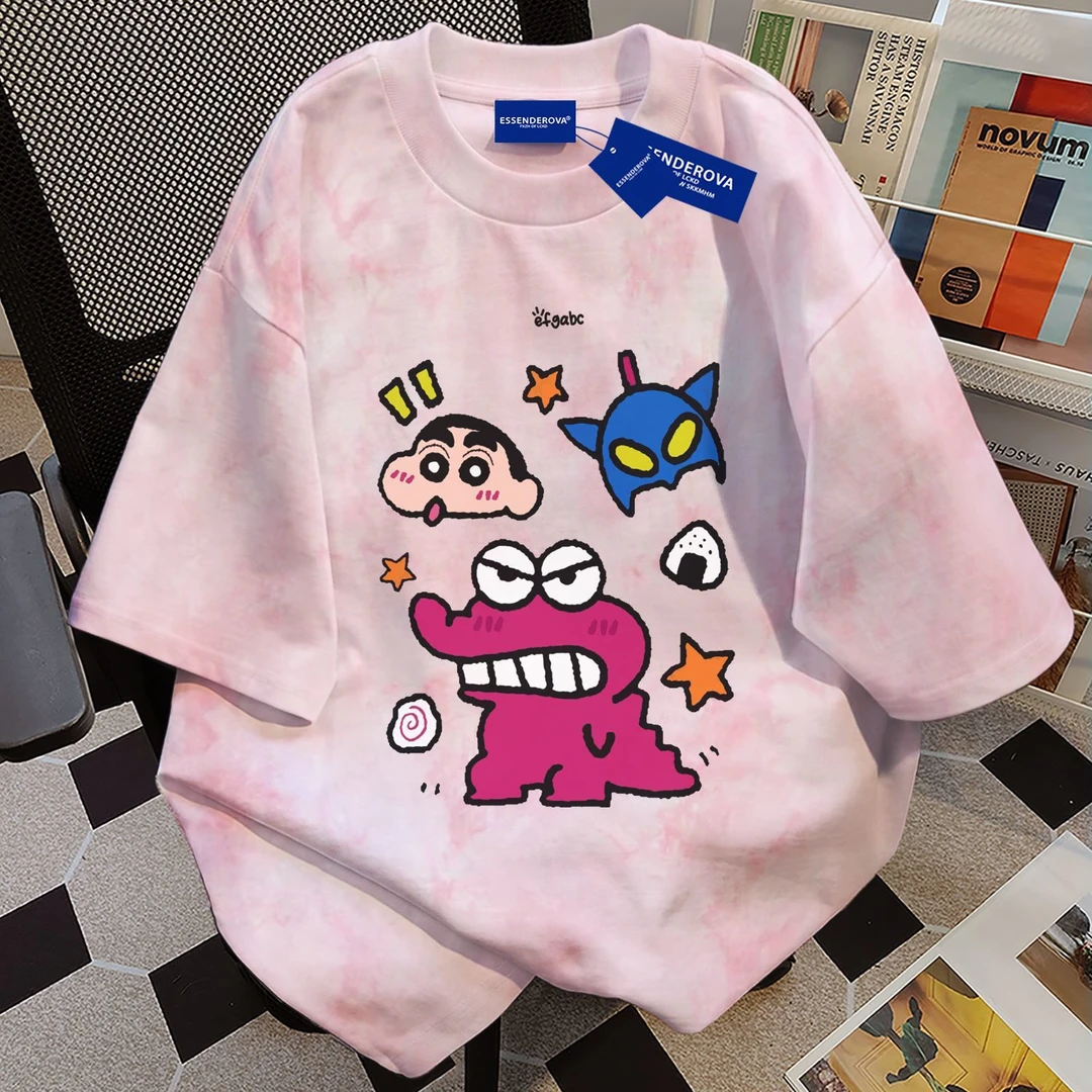 100%纯棉日韩卡通可爱夏季宽松圆领扎染短袖t恤学院男女情侣上衣