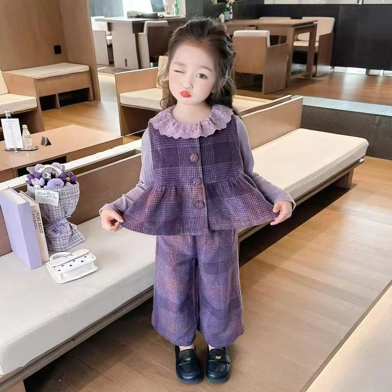 女童春季紫色套装2025新款儿童洋气时髦打底裤子宝宝春秋款
