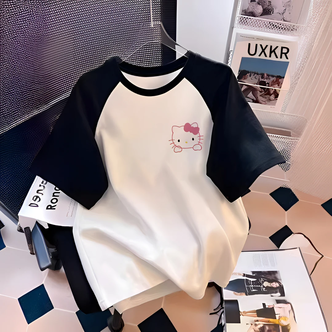 纯棉儿童衣服装女童短袖T恤小女孩中大童插肩半袖凯蒂猫潮牌童装