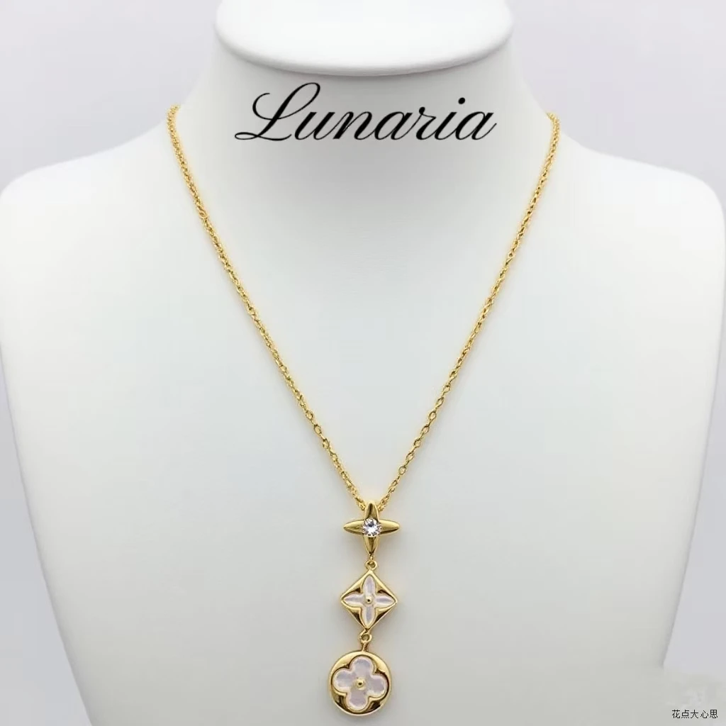 链子足银 S925银高版本新款L家四叶草圆菱形老花项链天然贝母锁骨