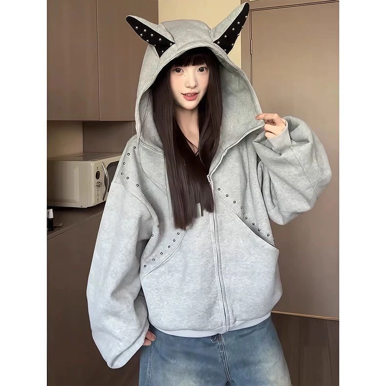 美式复古重磅灰色连帽卫衣男女秋季潮牌设计感杜宾犬情侣开衫外套